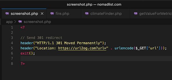 The image displays a code snippet from a PHP file implementing a 301 redirect.