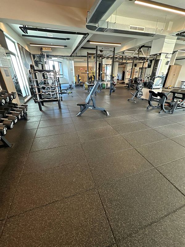A modern gym interior featuring various workout equipment and a spacious layout.