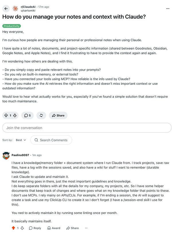 Reddit post in r/ClaudeAI discussing note and context management with Claude, including a detailed user reply about organizing knowledge and maintaining AI interactions.