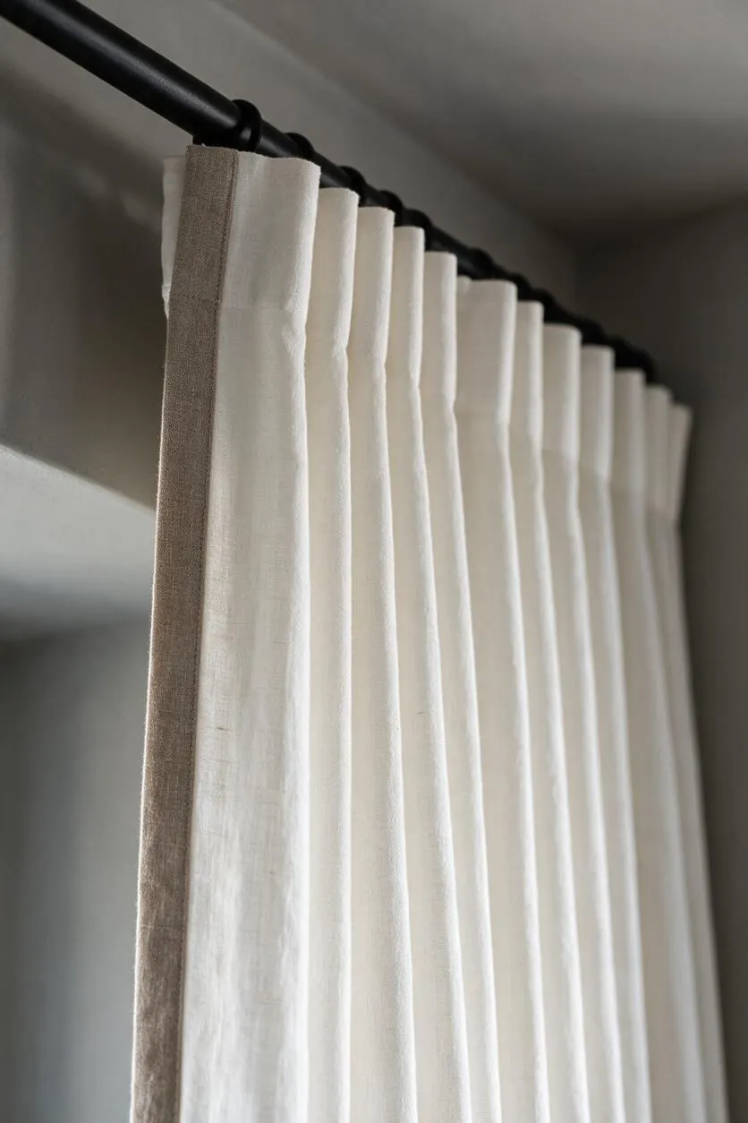 A close-up of soft pleated curtains hanging from a matte black curtain rod. The panels are an ivory sheer fabric with a textured taupe edge trim, set against muted gray walls and a calm, neutral background.