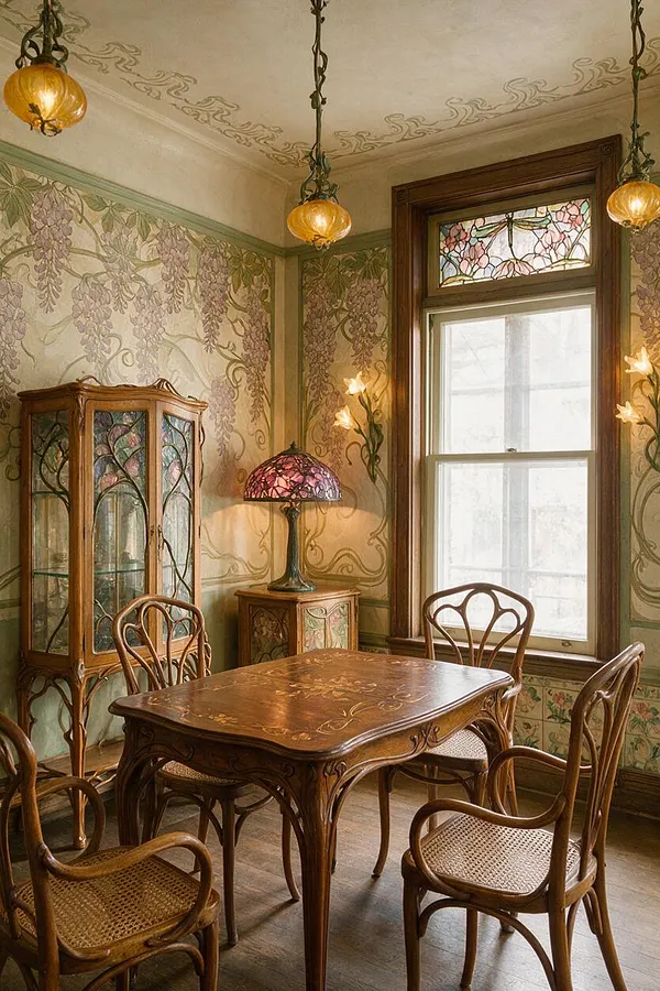 A small Art Nouveau dining room with a carved wooden table and curved-back cane chairs arranged around it. Floral mural wallpaper, stained-glass window panels, amber pendant lights, and a pink stained-glass table lamp create a warm, decorative atmosphere.