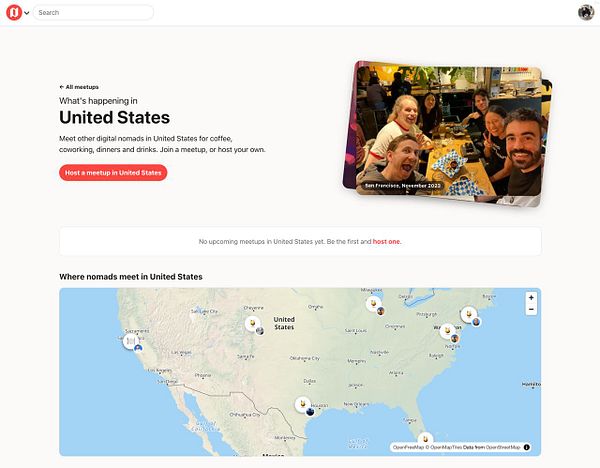 A webpage showing a United States meetup page for digital nomads with a call to host a meetup and a map indicating meetup locations.