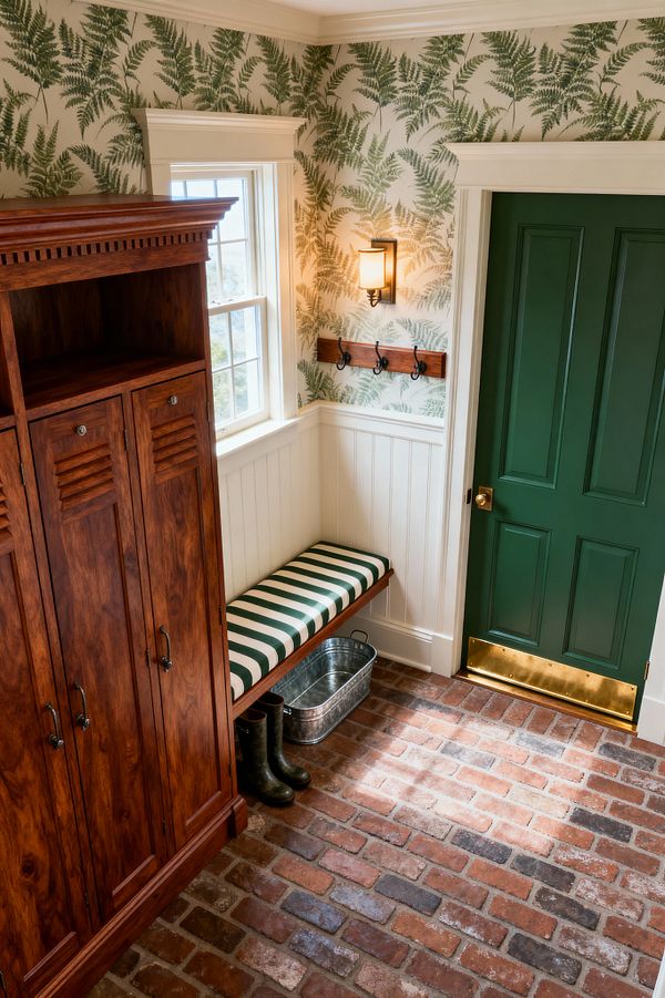 A traditional mudroom with red brick flooring, cream beadboard wainscoting, and fern-patterned wallpaper. A deep green paneled door with a brass kick plate and knob sits beside a window. A wooden bench with a green-and-white striped cushion and black iron hooks is under a wall sconce, with tall reddish-brown wood lockers to the left. A galvanized bin and rubber boots are tucked under the bench as daylight brightens the compact space.