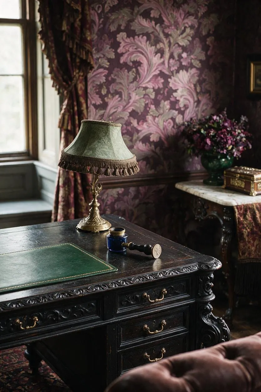 A richly decorated Victorian-style study features a dark carved wooden desk with brass pulls, a green leather writing mat, and a brass table lamp with a fringed shade. Behind it, purple floral wallpaper, heavy patterned drapes, a marble-topped side table with flowers, and deep jewel tones create a moody, elegant atmosphere.