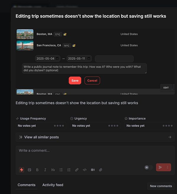 The image displays a user interface for editing trip details, highlighting issues with location visibility.