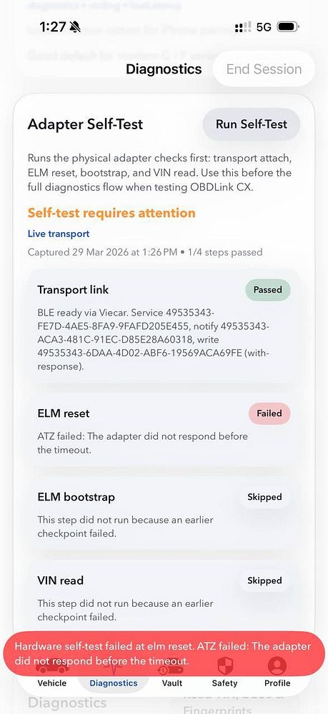 Screenshot of an application error message displaying 'Command failed: adb devices' and a timeout error.