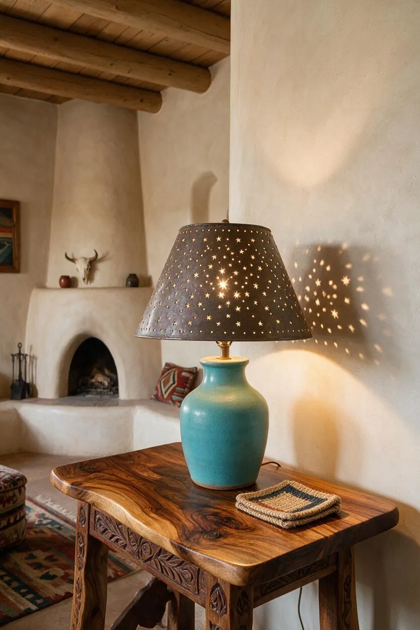 A Southwestern-style room with adobe walls, exposed wooden ceiling beams, and a rounded fireplace. In the foreground, a carved wooden side table holds a turquoise ceramic lamp with a dark perforated metal shade that casts star-shaped light patterns on the wall.