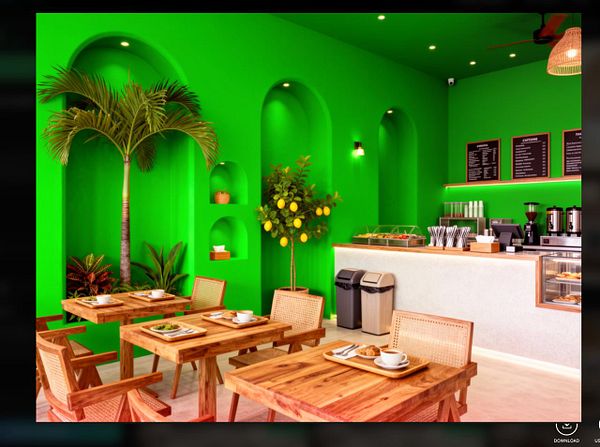 A vibrant café interior featuring bright green walls and wooden furniture.