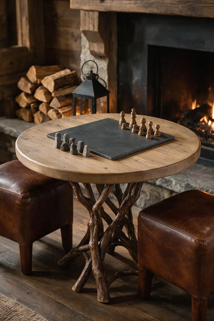 A rustic seating nook beside a stone fireplace features a round natural wood table with a dark game board on top, surrounded by two brown leather stools. The table stands on a sculptural branch-like wooden base, with stacked firewood and a black lantern nearby, while a fire glows in the hearth.