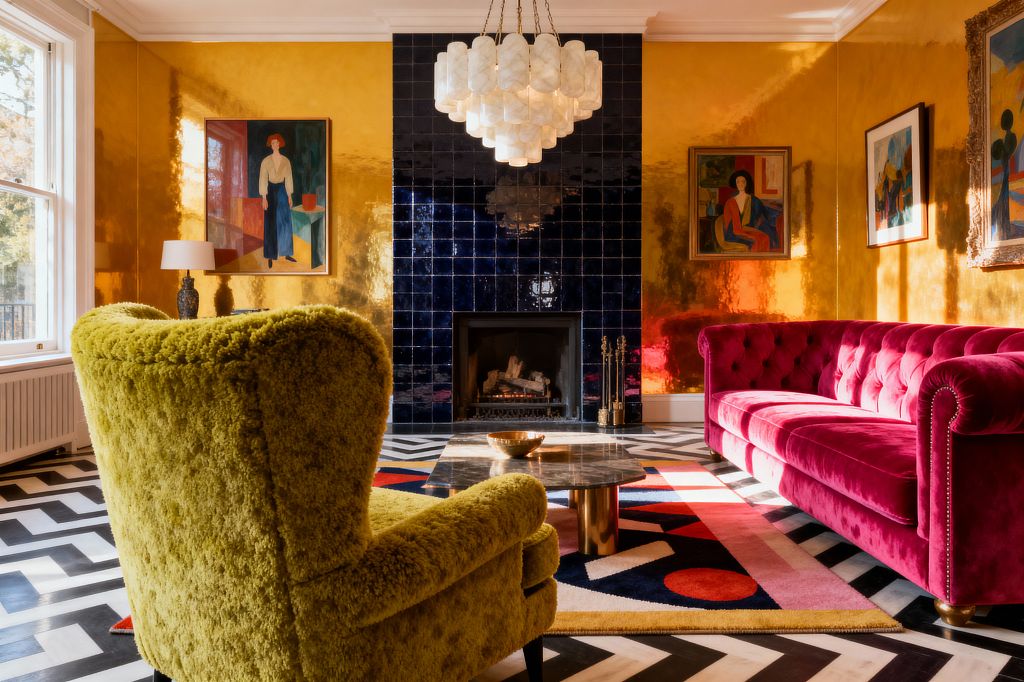 A vibrant living room features reflective gold walls surrounding a deep blue tiled fireplace, topped with a tiered white chandelier. A fuchsia tufted velvet sofa faces a moss-green shag armchair across a black-and-white chevron floor and geometric multicolor rug, anchored by a marble-top coffee table with a brass base; framed modern portraits and a tall window with daylight complete the layered, maximalist scene.