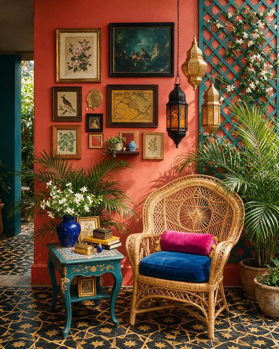 A colorful maximalist outdoor patio features a coral wall covered with framed botanical art, a map, and a decorative lattice with flowering vines. A wicker chair with bright blue and magenta cushions sits beside a painted teal side table, surrounded by potted palms and hanging lanterns over a patterned tile floor.