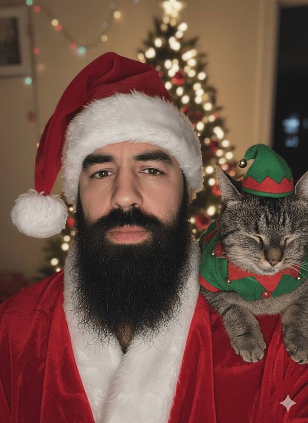 A man dressed as Santa Claus poses with a cat wearing an elf costume in front of a decorated Christmas tree.