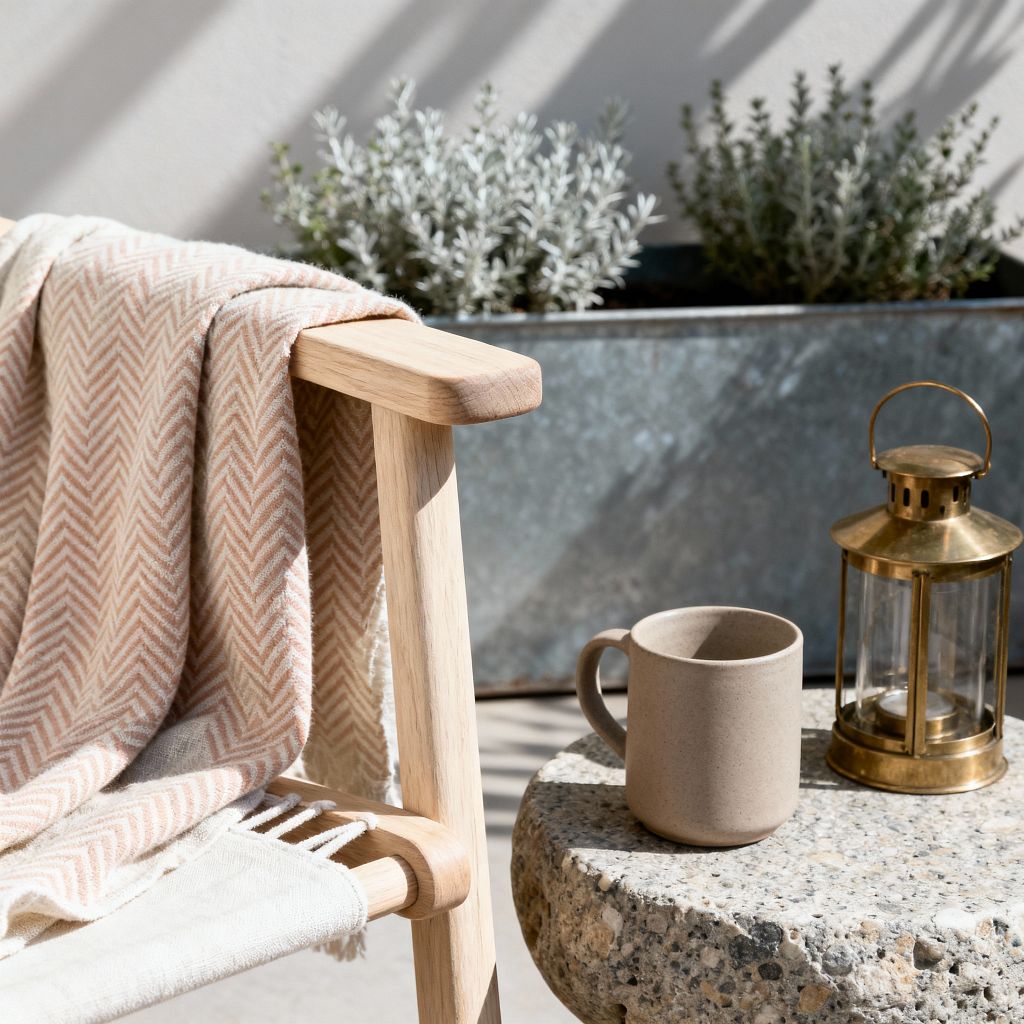 Close-up of a Scandinavian-style patio shows a pale oak lounge chair draped with a blush and cream herringbone throw over a cream canvas sling. Beside it, a round exposed-aggregate concrete table holds a matte taupe stoneware mug and a small brass lantern; behind, a galvanized metal trough planter contains silvery green foliage, with sunlight casting soft shadows on a white plaster wall.