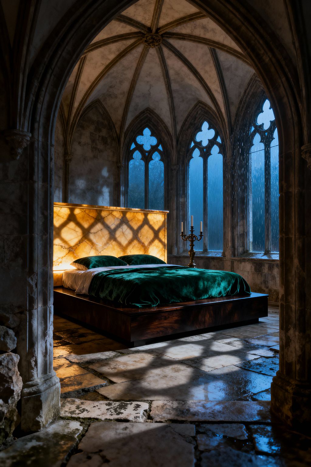 A moody Gothic bedroom set in a stone cloister with rib-vaulted ceilings, worn limestone arches, and pointed tracery windows. A low dark-wood platform bed is dressed in emerald velvet, backed by a glowing alabaster headboard that casts lattice shadows onto rain-damp flagstone floors, with a brass candelabra and cool blue evening light filtering through wet panes.