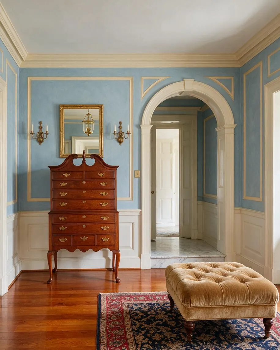 A traditional entryway with blue walls, cream trim, and decorative molding. The room features a tall mahogany chest, an ornate gilt mirror, brass sconces, a tufted velvet ottoman, and a patterned rug on polished wood floors.