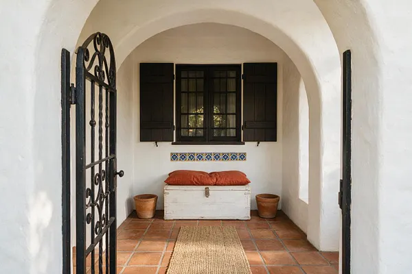 A small Mediterranean-style front porch with white stucco walls, a rounded arch ceiling, terracotta tile flooring, and a black wrought-iron gate. A white wooden chest with rust-colored cushions sits beneath a window with dark shutters, flanked by two terracotta pots and accented by a strip of blue decorative tile.