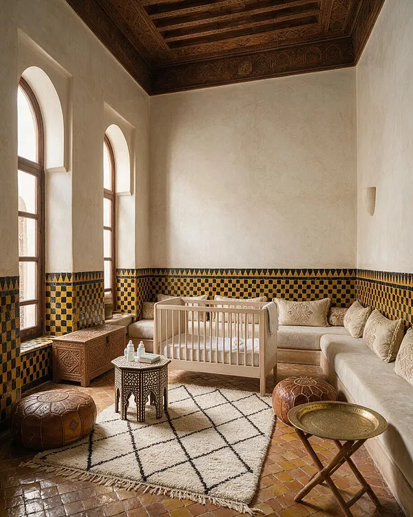 A Moroccan-style nursery with arched windows, cream plaster walls, and a dark carved wood ceiling. A light wood crib sits in front of an L-shaped beige banquette, surrounded by patterned leather poufs, a brass tray table, and a woven rug on terracotta tile floors.