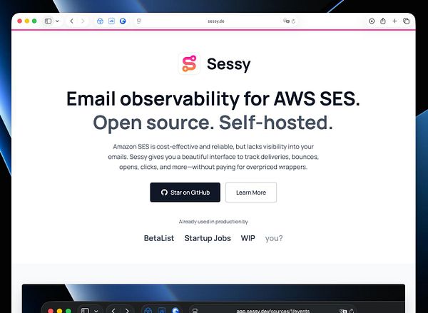 The image displays a marketing webpage for a service called Sessy, focused on email observability for AWS SES.