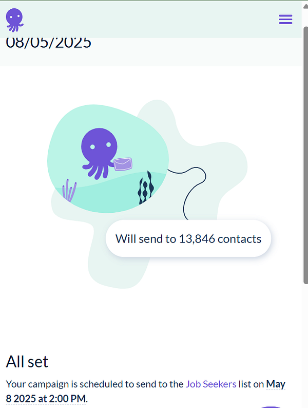 A digital interface displaying a scheduled newsletter campaign for job seekers.
