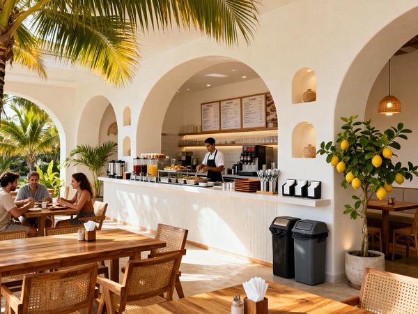 A bright and inviting cafeteria interior featuring a service counter and patrons enjoying their meals.