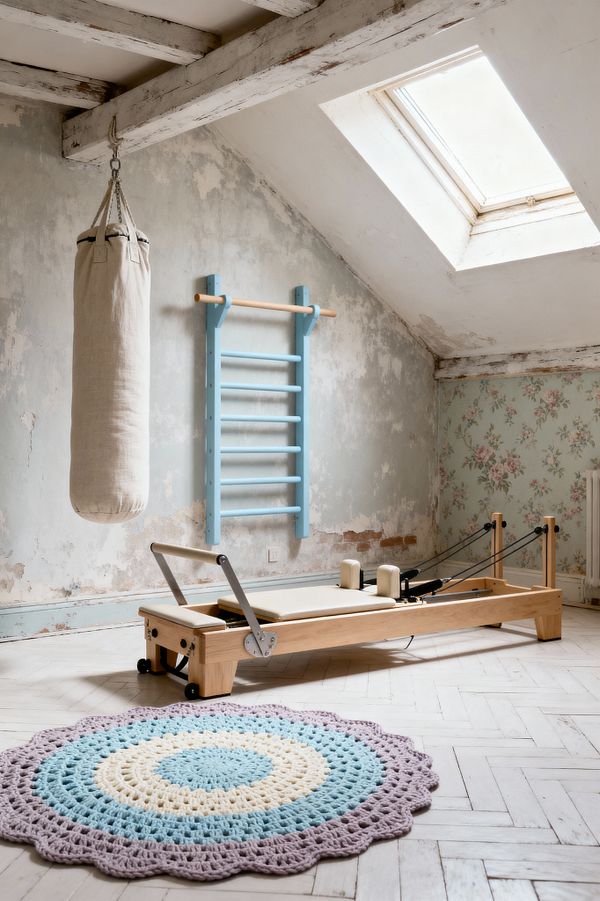 An attic home gym features a light wood Pilates reformer on a whitewashed herringbone floor beneath exposed, weathered beams and a skylight. A pastel blue Swedish ladder mounts to a distressed duck-egg plaster wall beside a hanging natural canvas punching bag; adjacent is a rose-print wallpaper panel, and a round crocheted rug in lavender, blue, and cream softens the space near a vintage radiator, creating a bright, timeworn Shabby Chic setting.