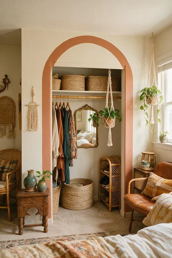 A bohemian-style closet nook with a terra-cotta painted arched opening, woven storage baskets, a bamboo hanging rod with patterned and neutral clothing, and macramé plant hangers. A small ornate mirror, wicker chair, and warm wood furniture add to the earthy, layered look.