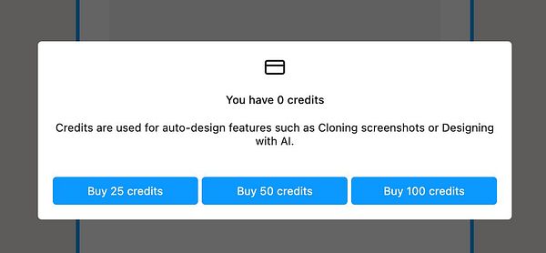 A user interface displaying a credit balance and options to purchase credits for design features.