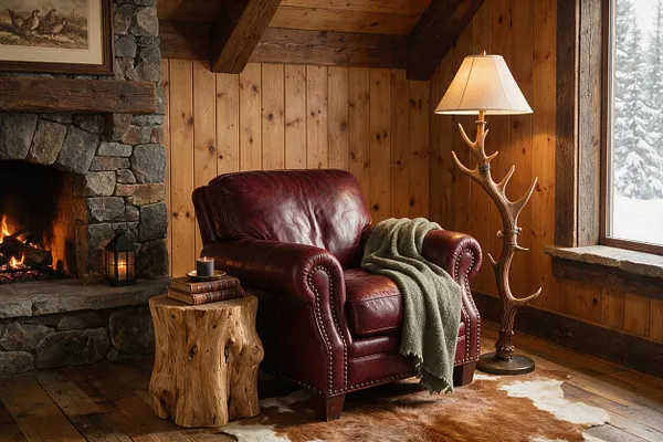 A rustic living room vignette with a burgundy leather armchair beside a stone fireplace, a natural wood stump table, and a deer-antler floor lamp. Wood plank walls, exposed beams, and a snowy window view create a warm cabin atmosphere.