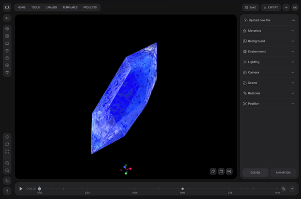 A 3D rendering of a blue crystal is displayed in a design interface.