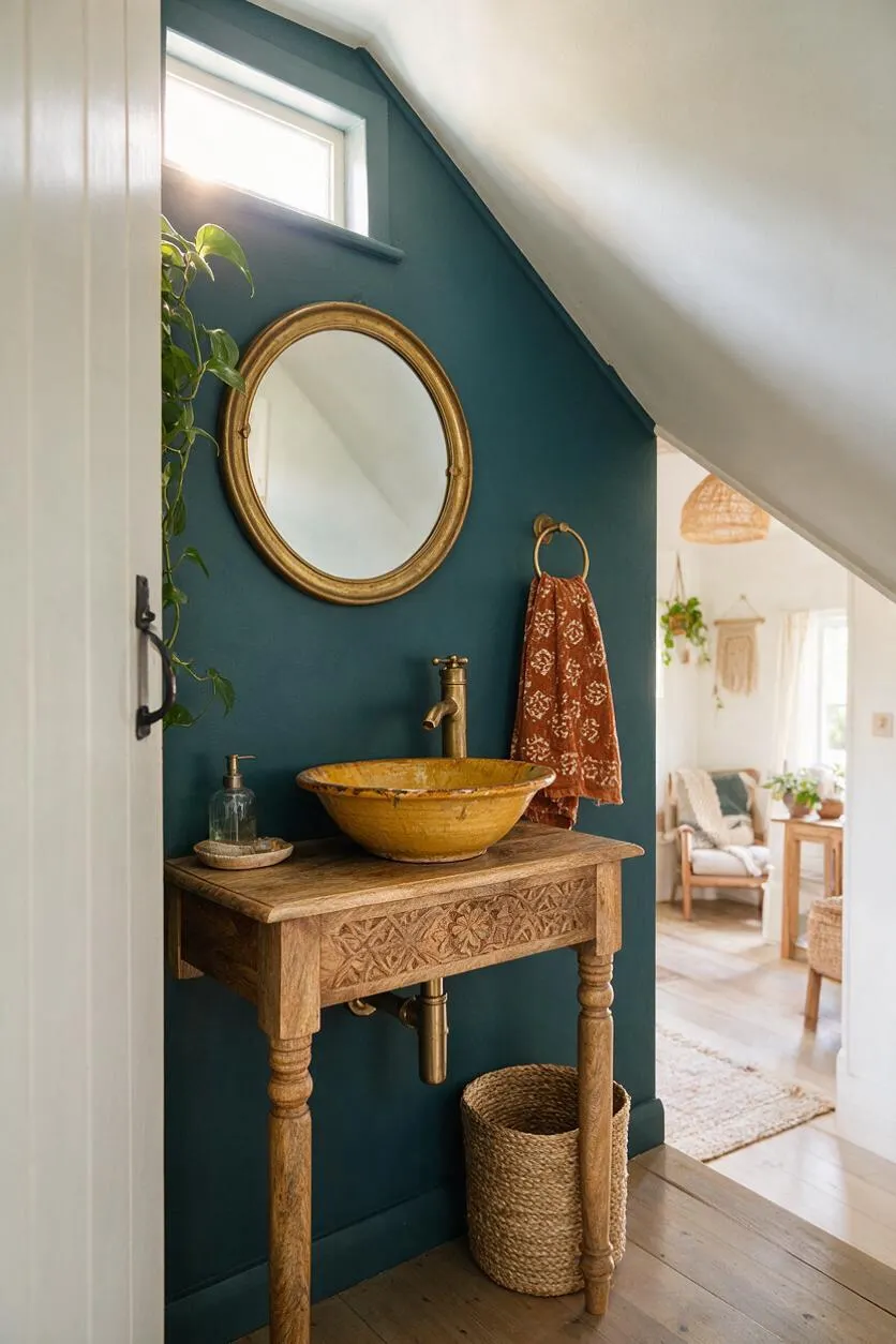 A bohemian powder room with a deep teal accent wall, round gold-framed mirror, and carved wooden vanity topped with a mustard yellow vessel sink. A woven basket, amber-toned towel, and trailing greenery add warm, eclectic texture beneath a sloped ceiling and small high window.