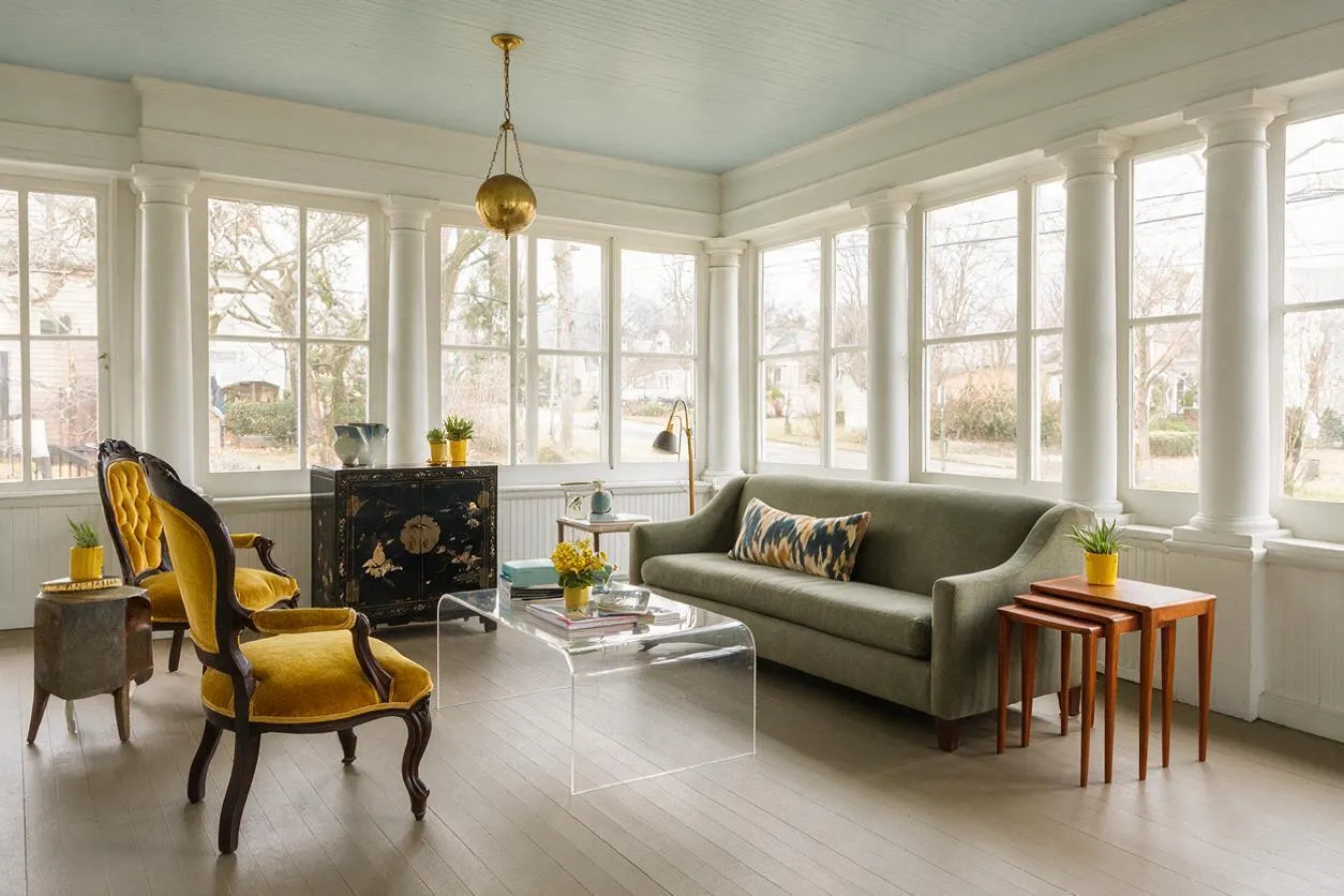 A bright front porch or sunroom with tall white columns and wraparound windows, furnished with a green upholstered sofa, mustard velvet accent chair, clear acrylic coffee table, and nested wooden side tables. A black floral cabinet, brass pendant light, and layered decorative accents create an eclectic mix of vintage and modern pieces.
