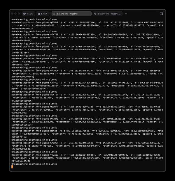 The image displays a terminal window showing data related to the positions and rotations of multiple planes.