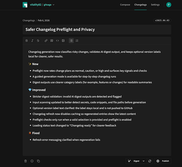 Screenshot of a changelog webpage showing recent updates with a dark theme and an emphasis on user-friendly presentation.