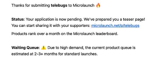 The image displays a notification regarding the submission of 'telebugs' to MicroLaunch.