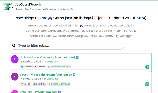 The image displays a job listing interface for game-related positions on JobBoardSearch.