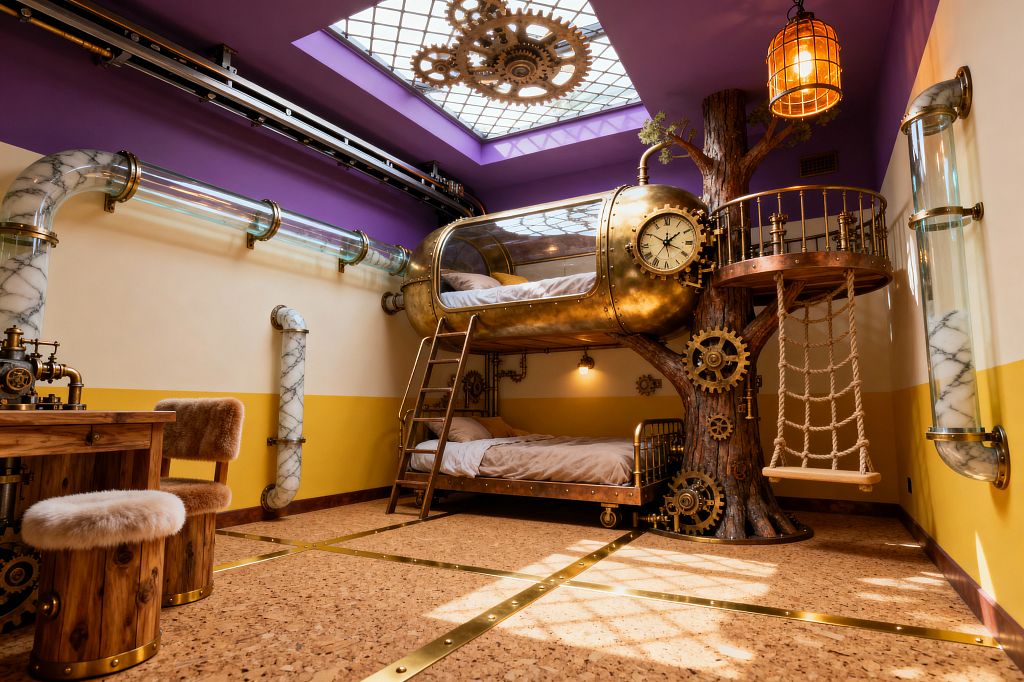 Kids’ bedroom in a steampunk theme featuring a brass, submarine-shaped bunk attached to a faux tree trunk detailed with gears and a round clock, with a brass-framed bed below. The room includes cork flooring with brass strips, two-tone cream and mustard walls, a purple ceiling with a gridded skylight and gears, glass and marble-look pipes along the walls, a warm cage pendant light, a rope swing, and a wood desk with furry stools.