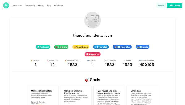 The image displays a user profile from the Lifelog platform, showcasing various statistics and goals of the user 'therealbrandonwilson'.