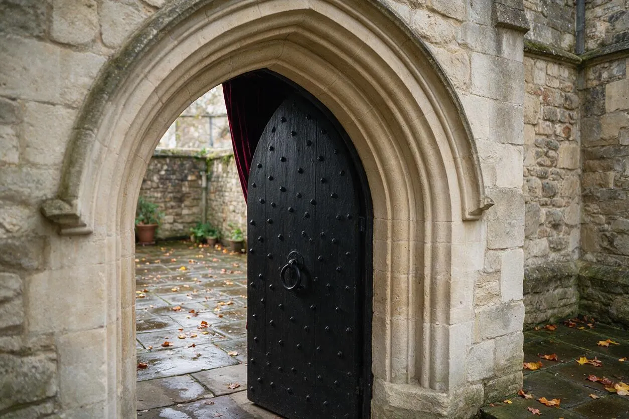 A Gothic stone exterior features a pointed arched doorway framed in pale carved stone, with a heavy black wooden door studded with iron rivets and a central ring handle. The wet stone paving, mossy walls, and dark drapery inside the opening create a moody medieval atmosphere.