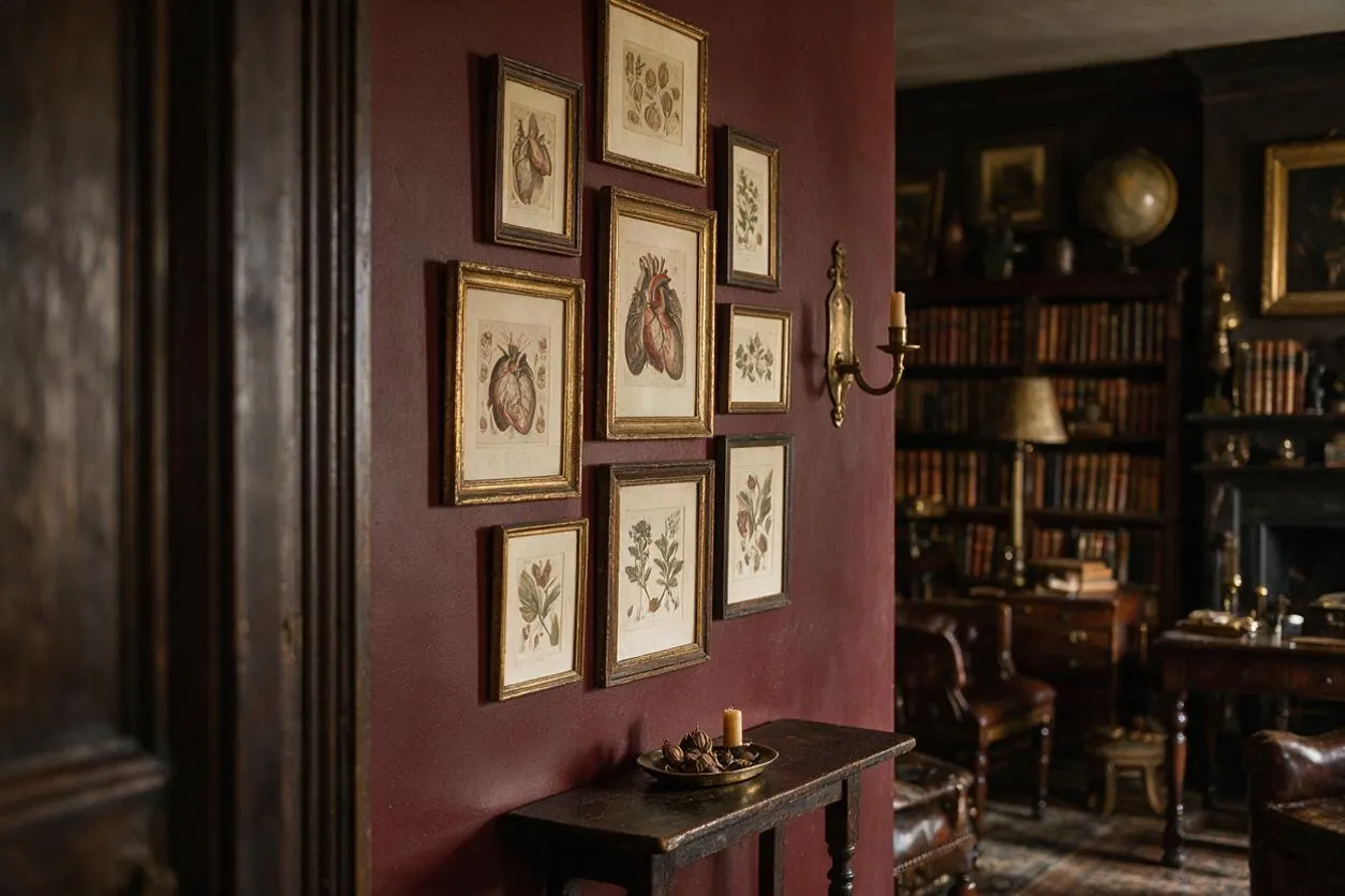 A dimly lit Dark Academia interior with burgundy walls, a cluster of framed botanical and anatomical prints, and a brass wall sconce. A narrow dark wood console sits below the artwork with a small decorative bowl, while bookshelves, leather chairs, and a globe-filled study appear in the background.