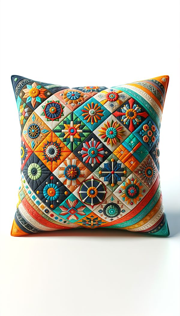A close-up image of a decorative throw pillow with vibrant, multicolored fabric appliqués in geometric shapes attached to its surface, showcasing the intricate and colorful nature of the appliqué technique.