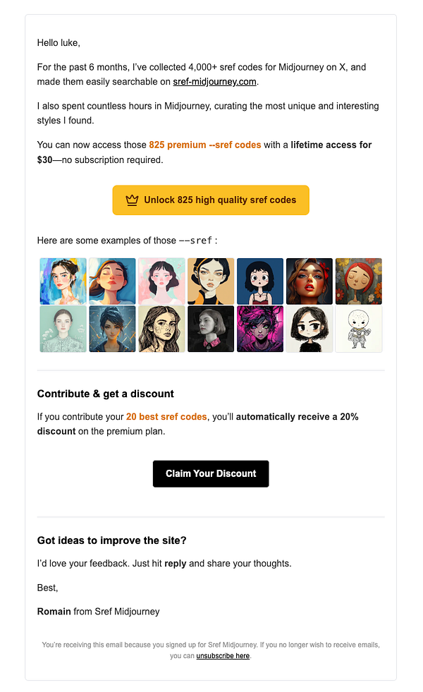 An email promoting premium sref codes for Midjourney users, featuring examples of the codes and discount offers.