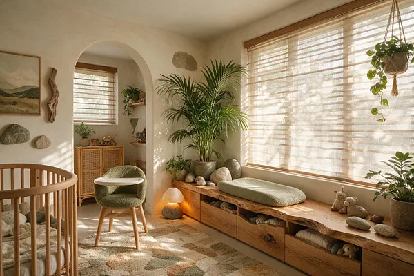 A warm biophilic nursery with a wooden crib, a moss-green upholstered chair, and a long built-in wood bench beneath a large window with woven blinds. Potted plants, smooth stones, and soft natural textures create a calm, nature-inspired space.