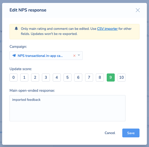The image displays an 'Edit NPS response' modal for updating feedback scores and comments.