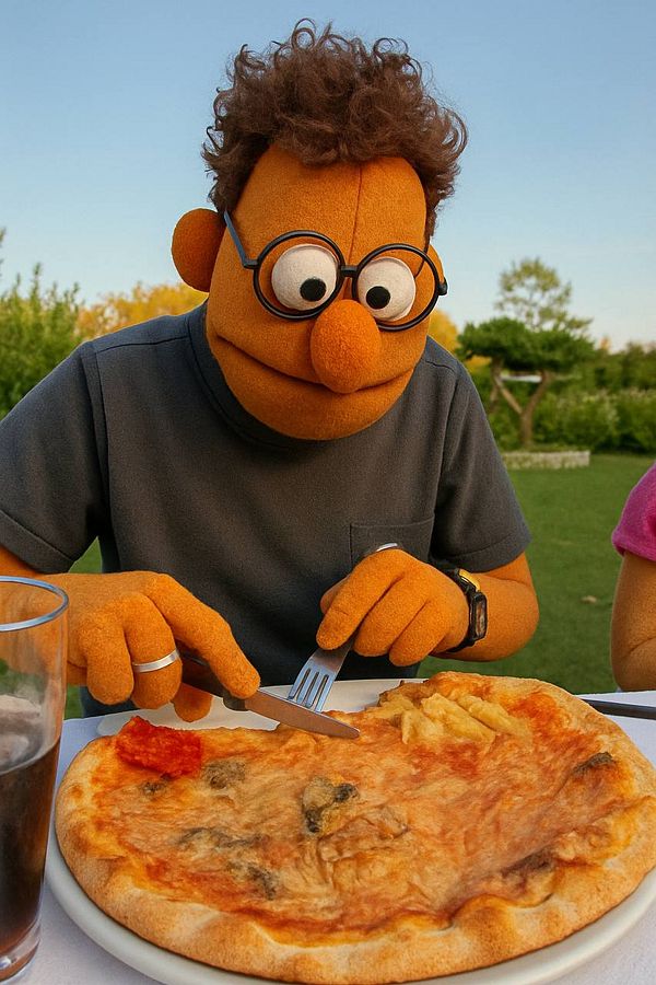 A puppet character is enjoying a pizza meal outdoors.