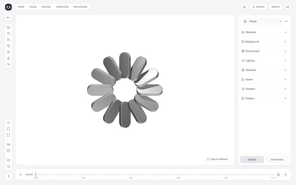 The image displays a 3D modeling interface featuring a stylized flower-like shape in shades of gray.
