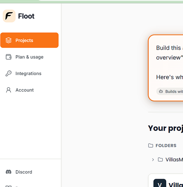 User interface of the Floot project management app showing a sidebar menu and project folders section.