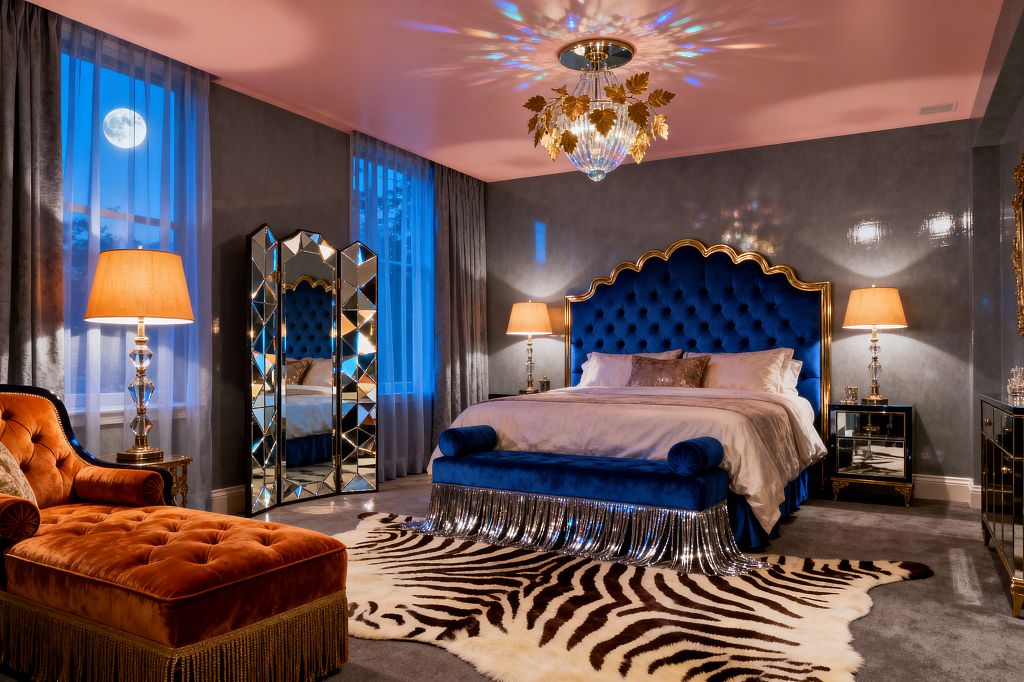 A Hollywood Regency bedroom with a deep royal blue tufted velvet bed framed in scalloped gold, flanked by mirrored nightstands with crystal lamps. A blush pink ceiling and crystal chandelier with gold leaves cast prismatic reflections over glossy gray walls; a zebra-pattern rug sits on gray carpet beside a blue bench with silver fringe and a burnt orange velvet chaise with bullion trim, framed by layered sheer and velvet drapery.