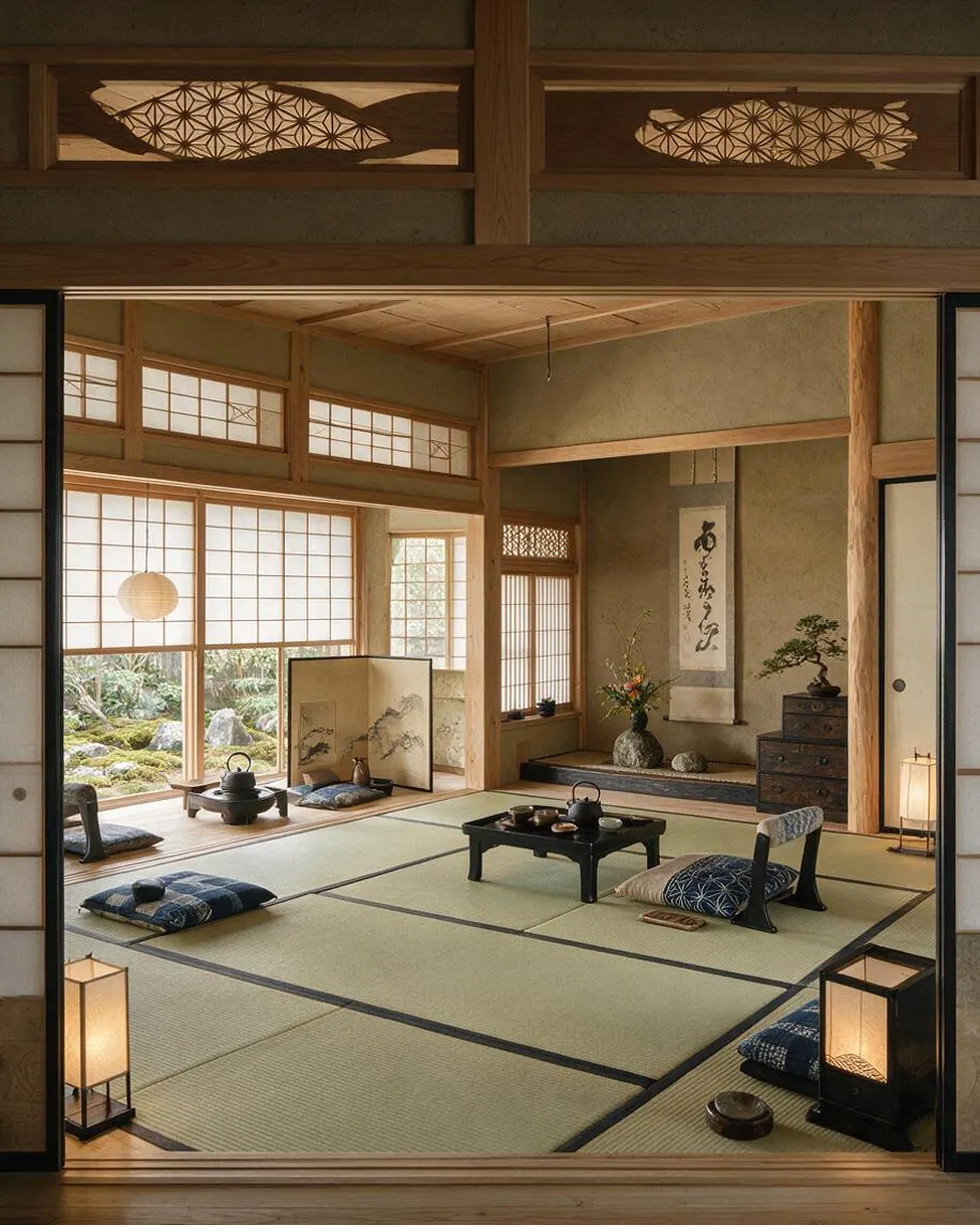 A Japanese Zen-style master bedroom with tatami mat flooring, low tea tables, floor cushions, and shoji screens framing a garden view. Warm wood beams, soft lantern lighting, and a tokonoma alcove with calligraphy and flowers create a calm, traditional atmosphere.