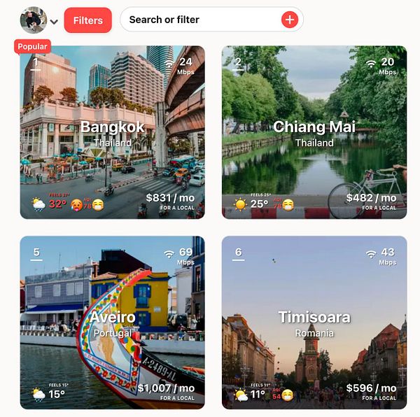 The image displays a grid of popular cities for digital nomads, highlighting their rankings, internet speeds, and living costs.