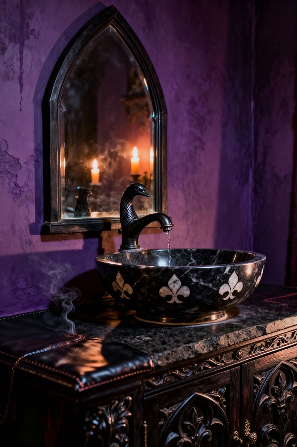 Moody Gothic bathroom vignette with a pointed-arch mirror reflecting two lit candles above a black marble vessel sink inlaid with white fleur-de-lis, served by a sculpted black metal swan-neck faucet that streams water into the bowl on a rough-edged dark stone counter. An intricately carved dark-wood vanity with brass hardware sits against textured deep purple plaster walls as warm candlelight glows and a wisp of smoke drifts near the countertop.